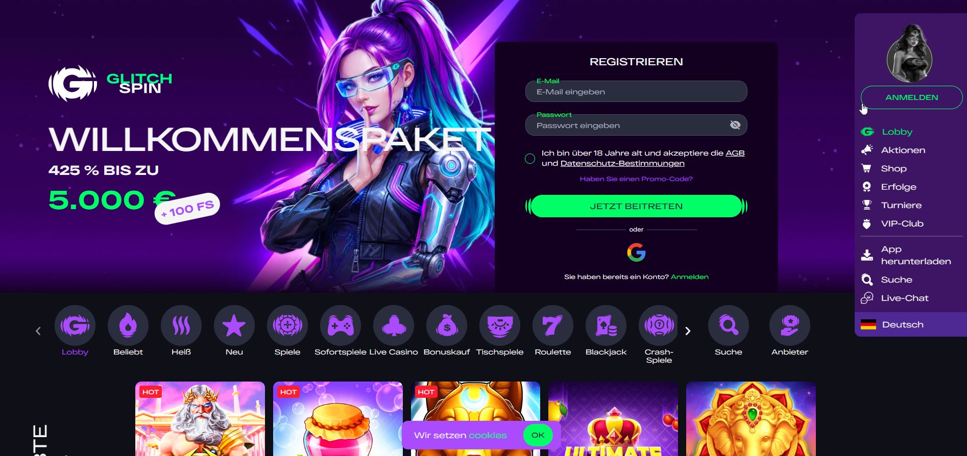 Ein fehlerhafter Arcade-Automat in einer Cyberpunk-Spielhalle: Glitchspin flackert mit pixeligen Farben und Code-Fragmenten, wo Systemfehler zu Jackpots mutieren und jeder Spin die Matrix neu schreibt