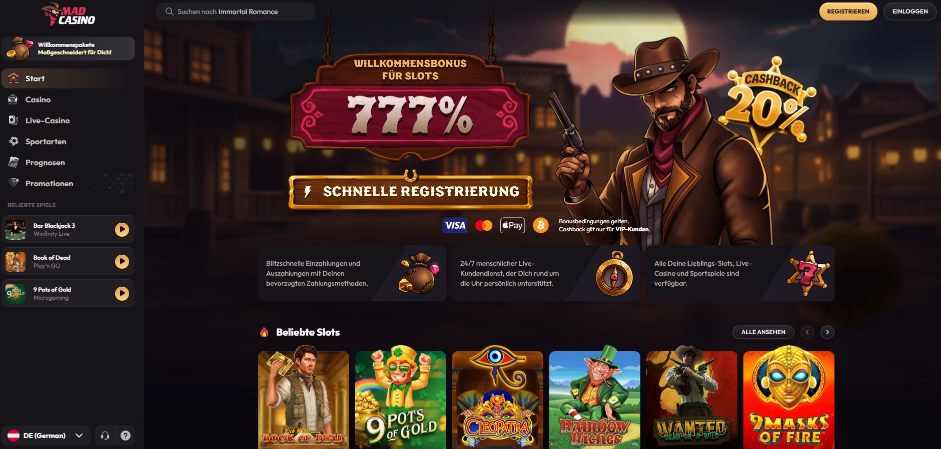 Ein surreales, schwerkraftloses Treppenhaus im Stil von M.C. Escher: Madcasino.io lässt Spielautomaten an der Decke hängen und Spielkarten wie Vogelschwärme fliegen, wo oben und unten keine Rolle spielen und jeder Spin die Physik auf den Kopf stellt